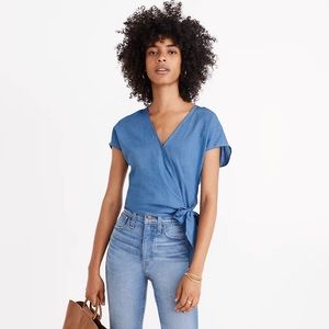NWT Denim Short-Sleeve Wrap Top in Faded Indigo XXS